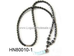 Blue Lampwork Glass Beads Pendant Horn Shape with Hematite Beads Strands Necklace